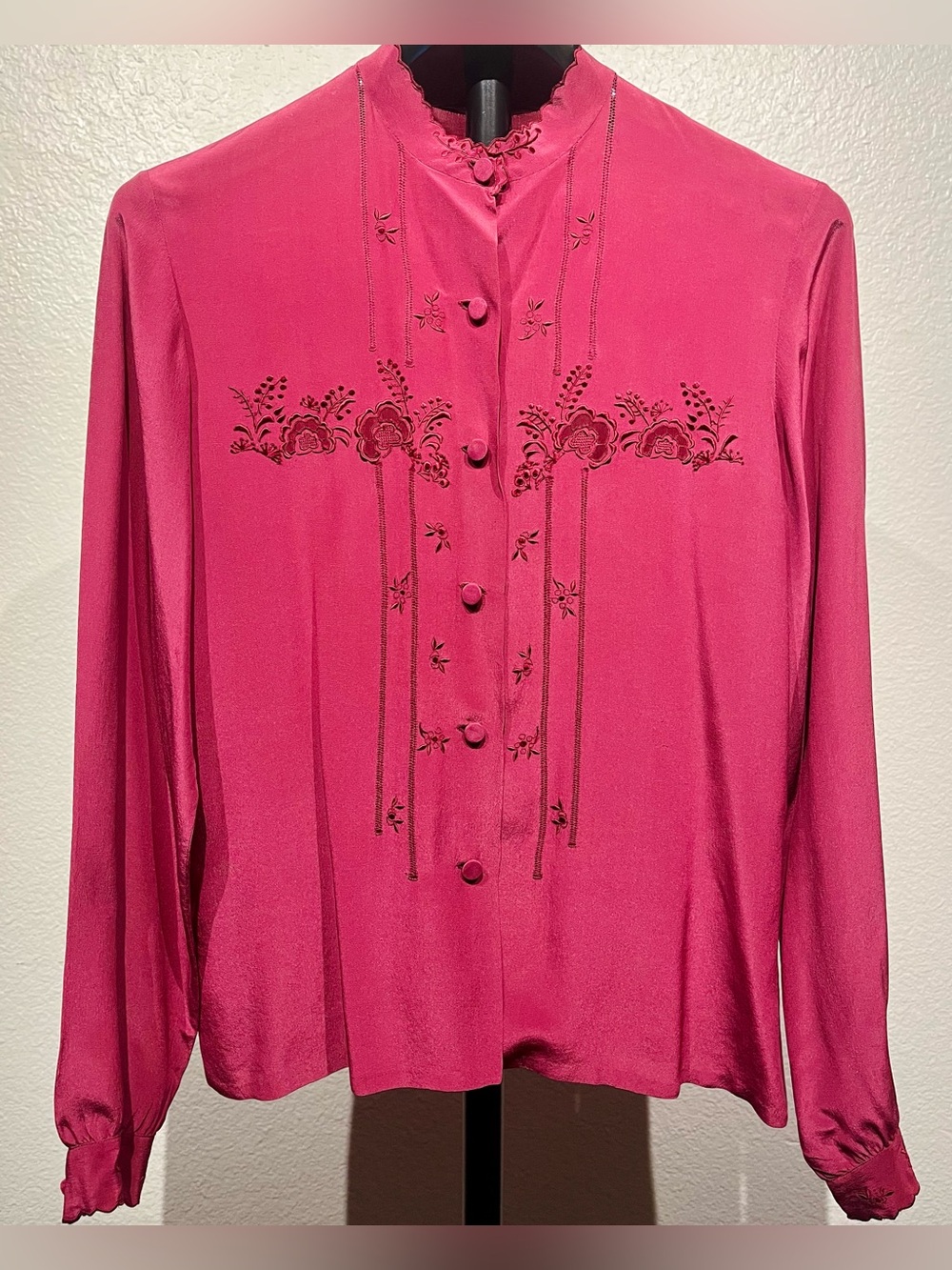 Vintage Fuchsia Embroidered Pure Silk Button-Front Blouse - Size S (Women’s)